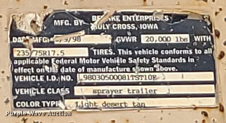 image for item BR9808 1998 Behnke  sprayer trailer