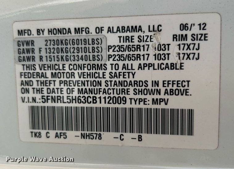 image for item DN0573 2012 Honda Odyssey  van