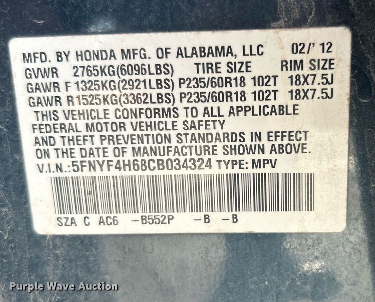 image for item DN0578 2012 Honda Pilot  SUV