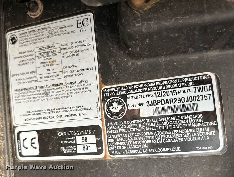 image for item JT9228 2016 Can-Am Maverick  utility vehicle