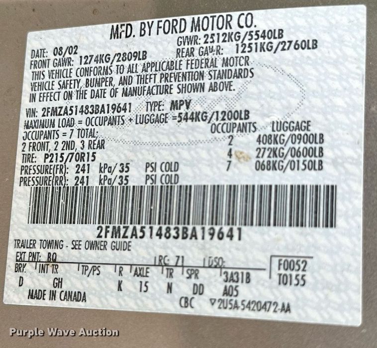 image for item JT9233 2003 Ford Windstar  van