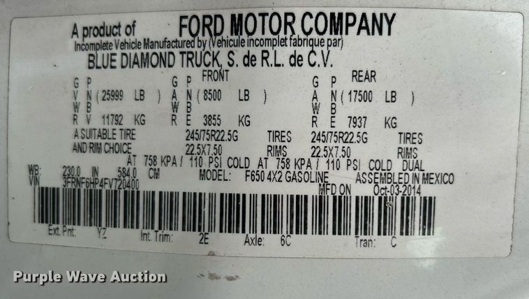image for item KH9649 2015 Ford F650 Super Duty XLT  box truck
