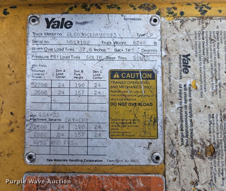 image for item LB9652 Yale GLC030CENUAE083 forklift