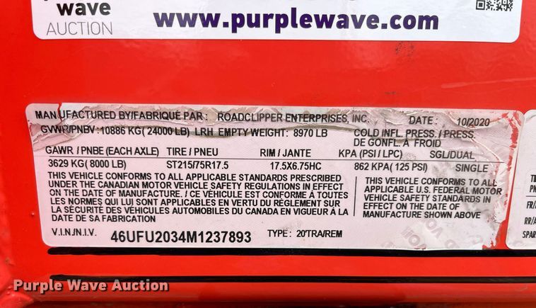 image for item LD9876 2021 Road Clipper 46UFU2034M1237893  dump trailer