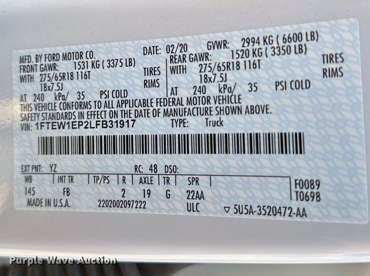 image for item LK9659 2020 Ford F150  SuperCrew pickup truck