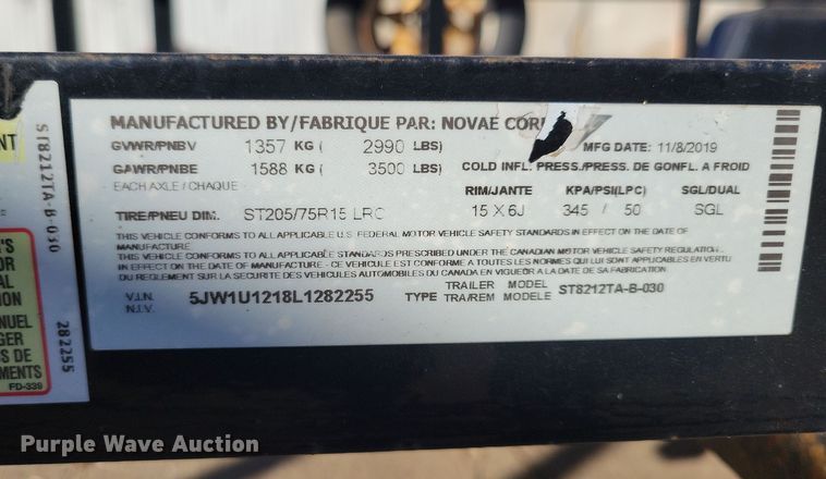 image for item LO9997 2020 Sure-Trac ST8212TA-B-030  utility trailer