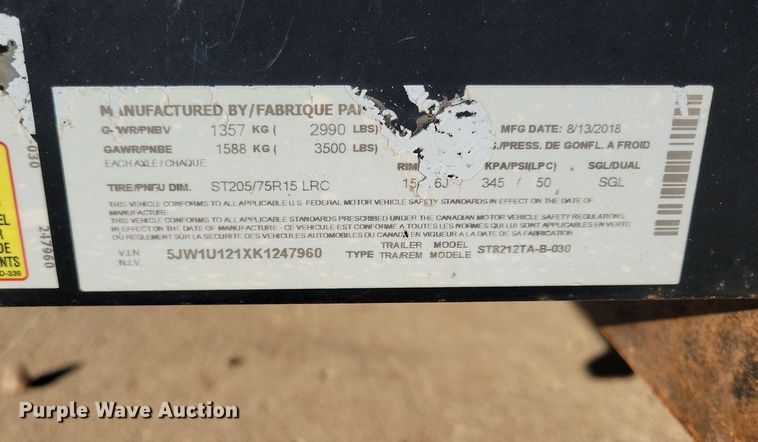 image for item LO9998 2019 Sure-Trac ST8212TA-B-030  utility trailer