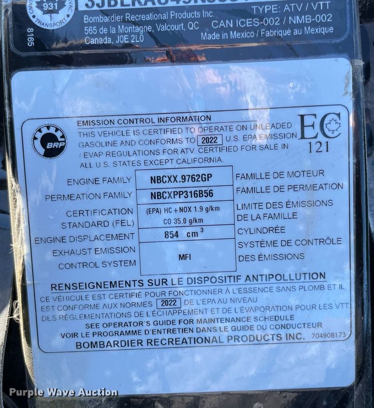 image for item LV9212 2022 Can-Am Outlander XT  ATV