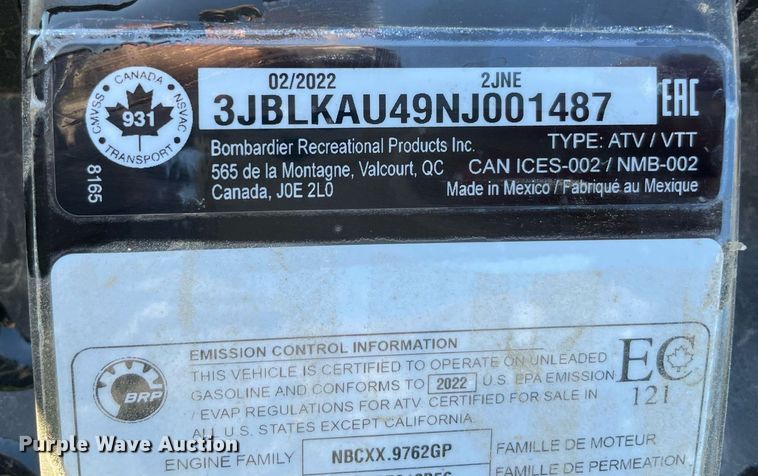 image for item LV9212 2022 Can-Am Outlander XT  ATV