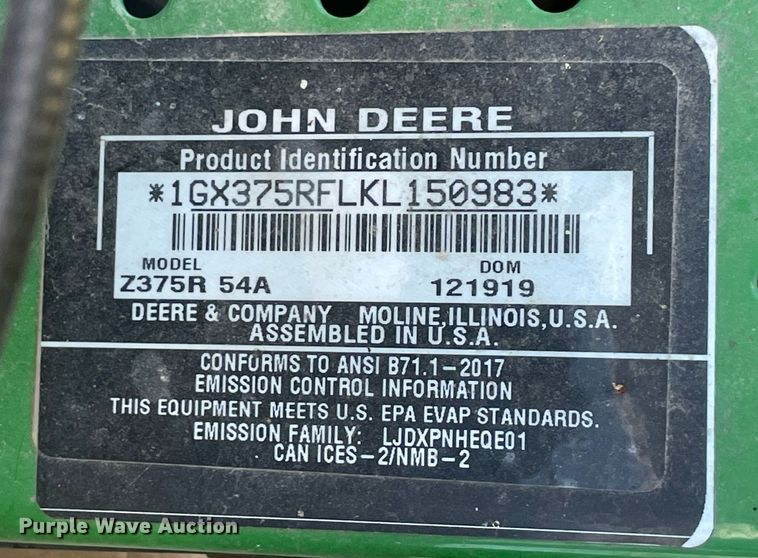 image for item LV9235 John Deere Z375R  ZTR lawn mower
