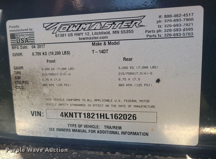 image for item MJ9541 2017 Towmaster T-14DT  equipment trailer