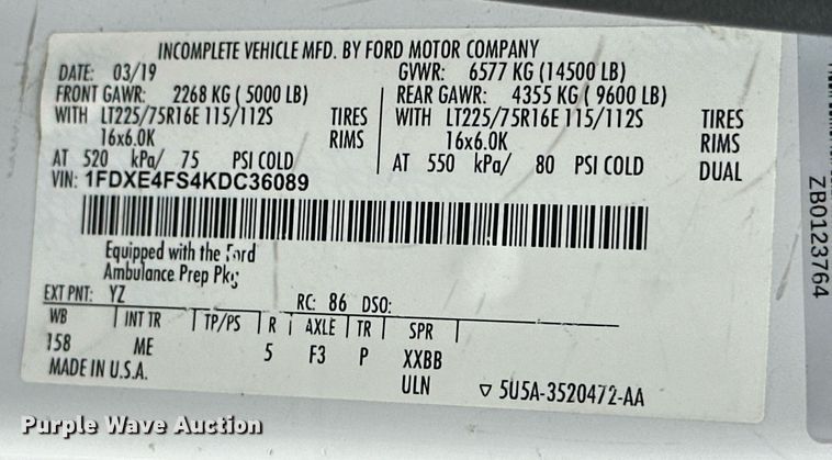 image for item NO9399 2019 Ford E450  van cab and chassis