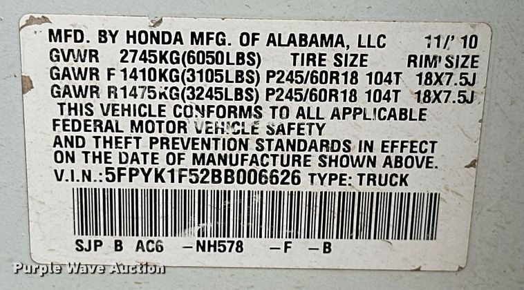 image for item NO9414 2011 Honda Ridgeline  pickup truck