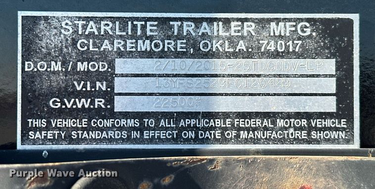 image for item NO9472 2015 Starlite 25TDGNDV-LP  equipment trailer