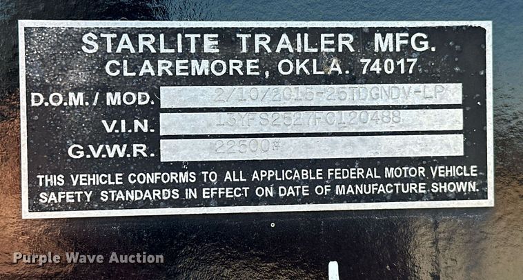 image for item NO9474 2015 Starlite 25TDGNDV-LP  equipment trailer