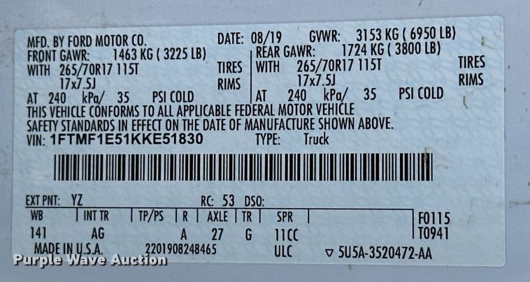 image for item NO9477 2019 Ford F150 XL  pickup truck