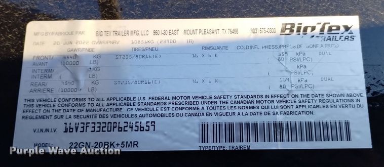 image for item DK8945 2023 Big Tex 22GN-20BK+5MR  equipment trailer