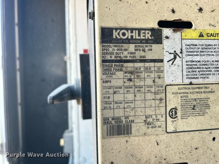 image for item DN0514 2005 Kohler 180RE0ZJC  generator