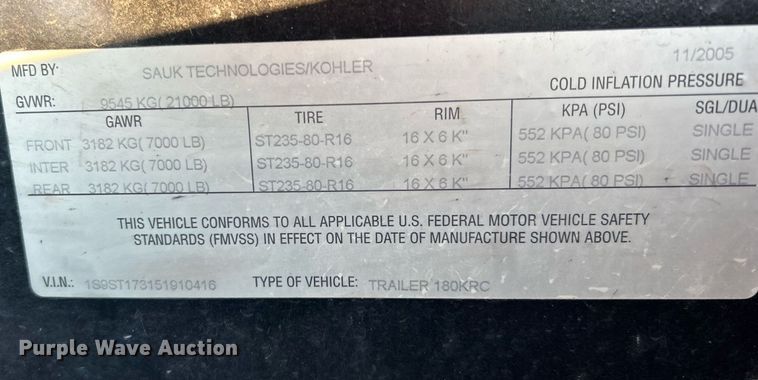 image for item DN0514 2005 Kohler 180RE0ZJC  generator