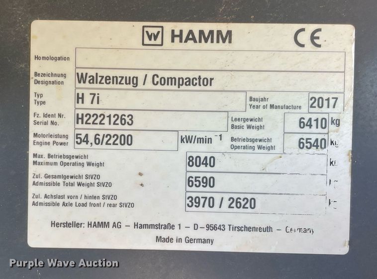 image for item DN3743 2017 Hamm H 7i  single drum vibratory roller