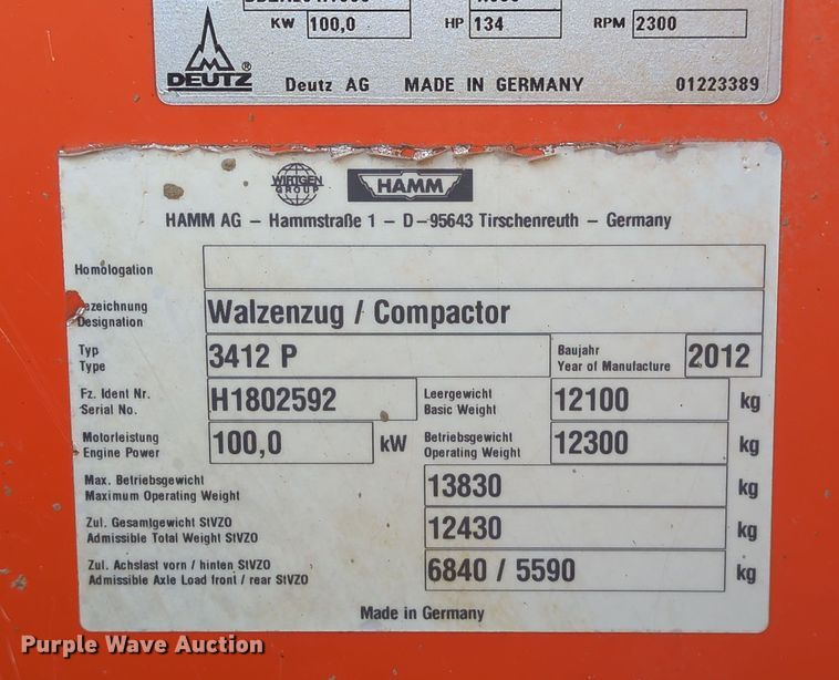 image for item DN3769 2012 Hamm 3412P single drum roller