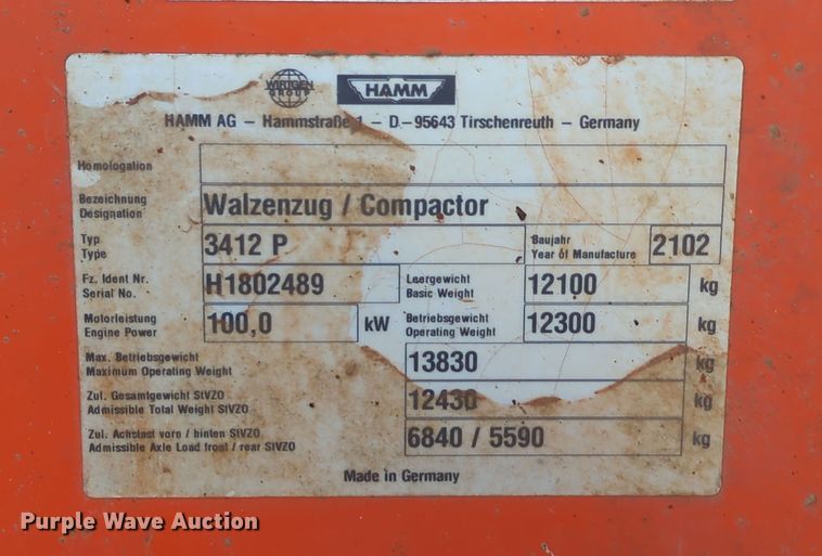 image for item DN3772 2012 Hamm 3412P  single drum vibratory roller