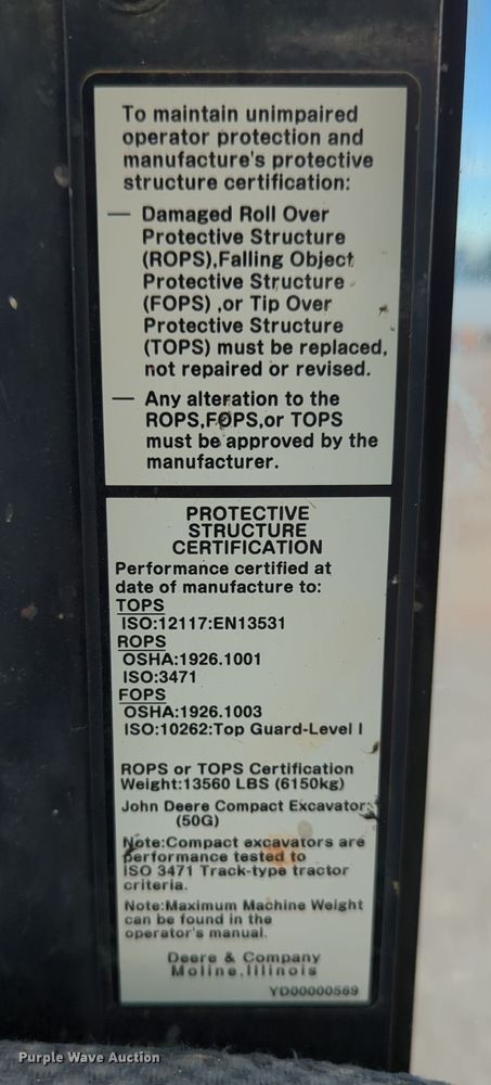 image for item DN3775 2016 John Deere 50G mini excavator