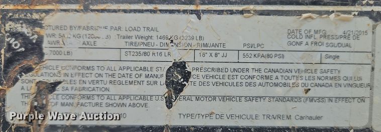 image for item DN7118 2015 Load Trail  equipment trailer