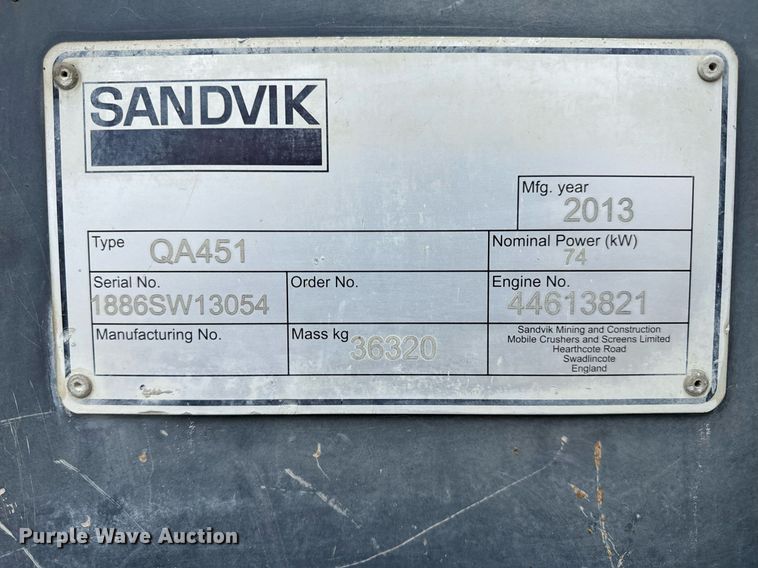 image for item DO2208 2013 Sandvik QA451  screening plant