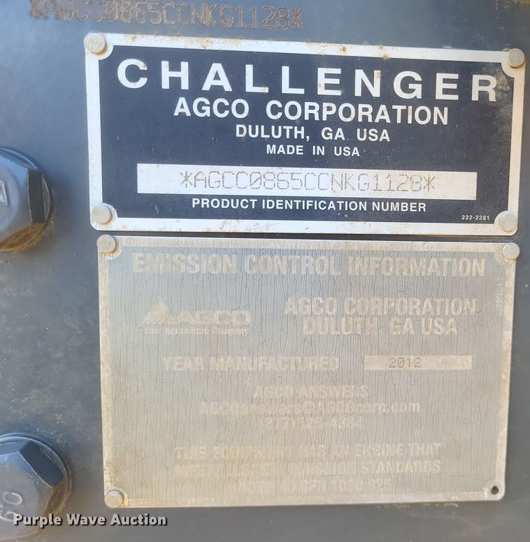 image for item DO4784 2012 Challenger MT865C  tractor