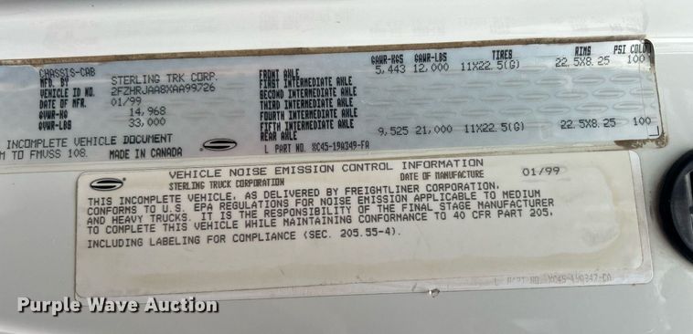 image for item DQ1066 1999 Sterling L7501  vacuum truck