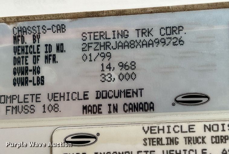 image for item DQ1066 1999 Sterling L7501  vacuum truck