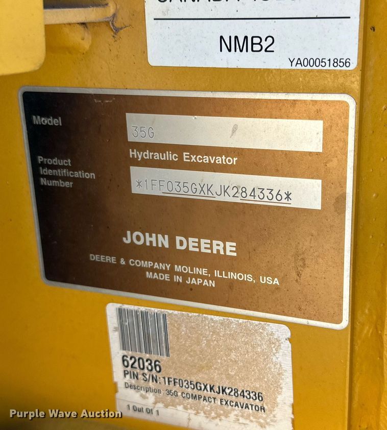 image for item DQ1564 2019 John Deere 35G  mini excavator