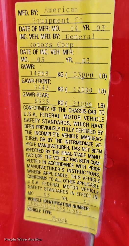 image for item DR5914 2003  Chevrolet C7500  dump truck