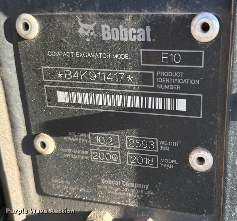 image for item EI0512 2018 Bobcat E10  mini excavator