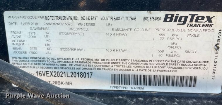 image for item EI0513 2020 Big Tex 14ET-20BK-MR  equipment trailer