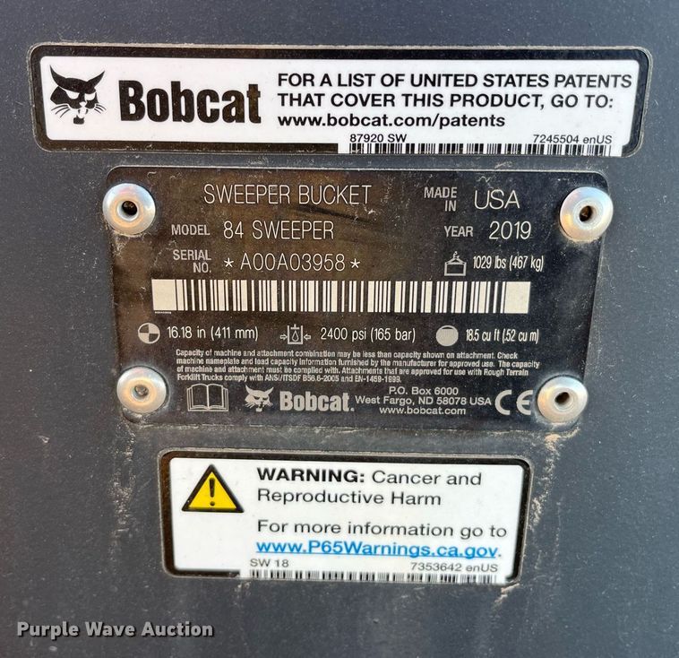 image for item EI0528 2019 Bobcat 84 Sweeper  skid steer sweeper