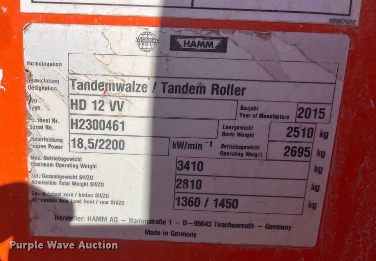 image for item EI0543 2015 Hamm HD12VV  double drum vibratory roller