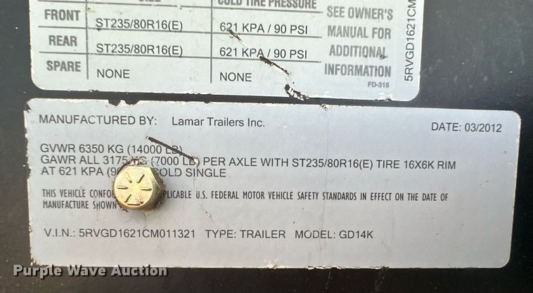 image for item EK9771 2012 Lamar GD14K  dump trailer