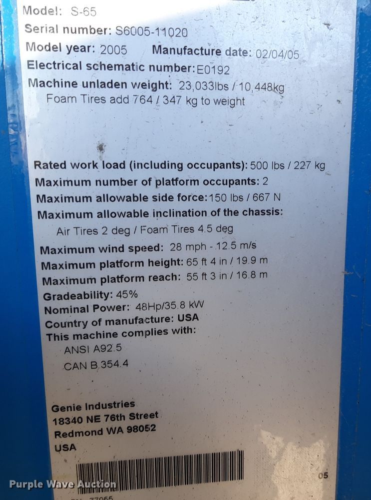 image for item GG9949 2005 Genie S-65  boom lift