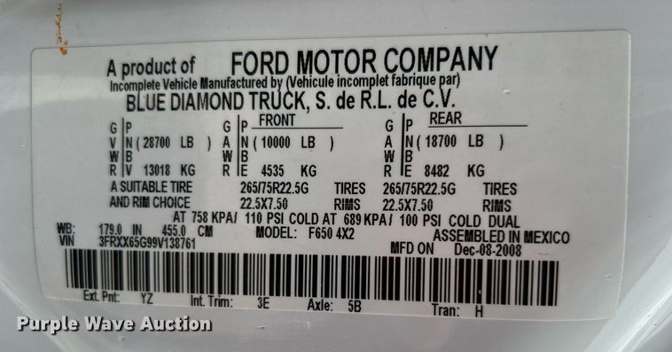 image for item KH9635 2009 Ford F650 Super Duty XL  Ext. Cab utility / service truck