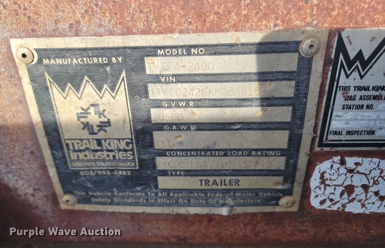 image for item KT9974 1989 Trail King TKT24-2400  tilt deck equipment trailer