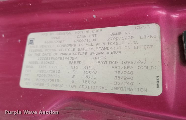 image for item KT9987 1994 Chevrolet S10  Ext. Cab pickup truck