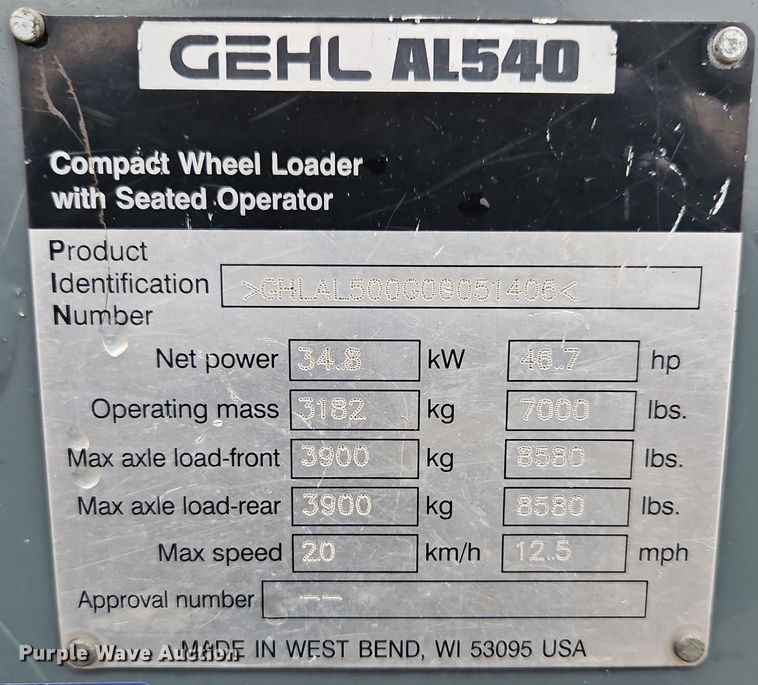 image for item LB9616 2011 Gehl AL540  wheel loader