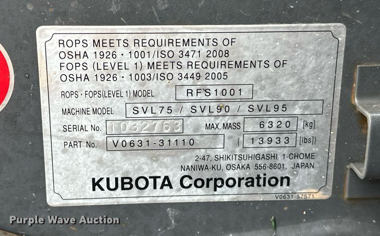 image for item LK9618 2019 Kubota SVL75-2  tracked skid steer loader