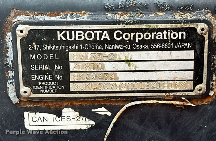 image for item LK9618 2019 Kubota SVL75-2  tracked skid steer loader