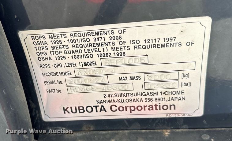 image for item LK9621 2020 Kubota KX057-4  mini excavator