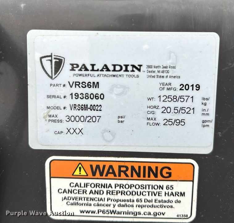 image for item LK9636 2019 Paladin Sweepster VRS6M-0022  skid steer sweeper