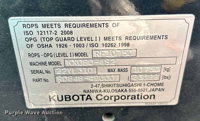 image for item LK9689 2022 Kubota KX080-4S2  mini excavator