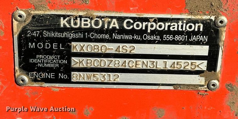 image for item LK9689 2022 Kubota KX080-4S2  mini excavator